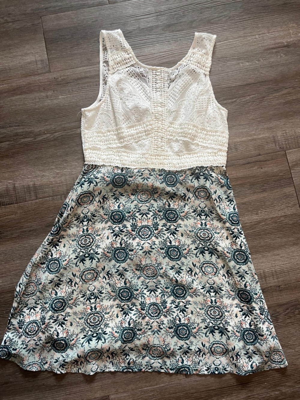 Maurices Cream Crochet Bodice Floral Skater Dress